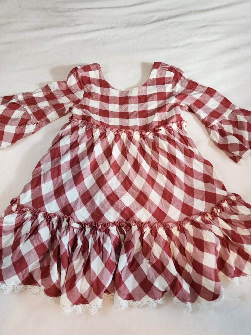 Matilda Jane Size 6x Red Gingham Dress Bell Sleeve Lace Trim Flower Buttons